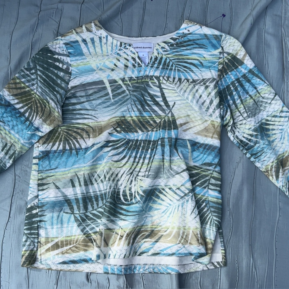 Alfred Dunner Blue and Green Palm Print Short Sleeve Top